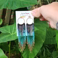 Image 2 of Teal Fringe Earrings | Beaded Gold and Teal Earrings