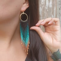 Image 3 of Teal Fringe Earrings | Beaded Gold and Teal Earrings