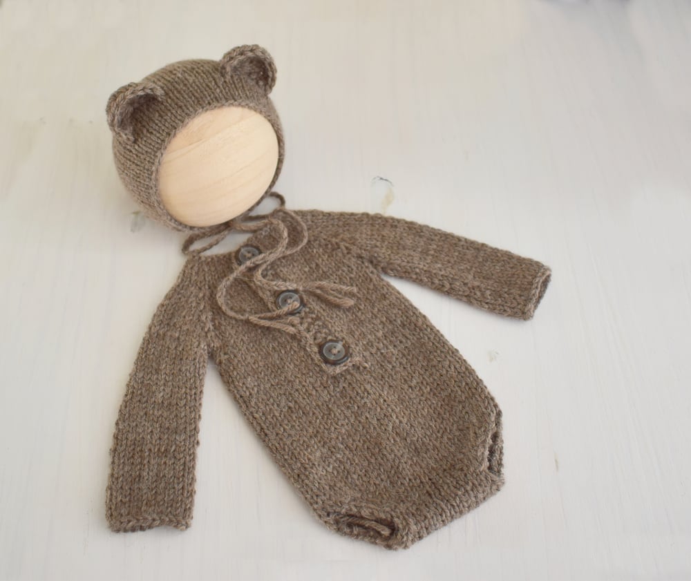 Image of Chestnut Bear Bonnet & Long Sleeved Romper