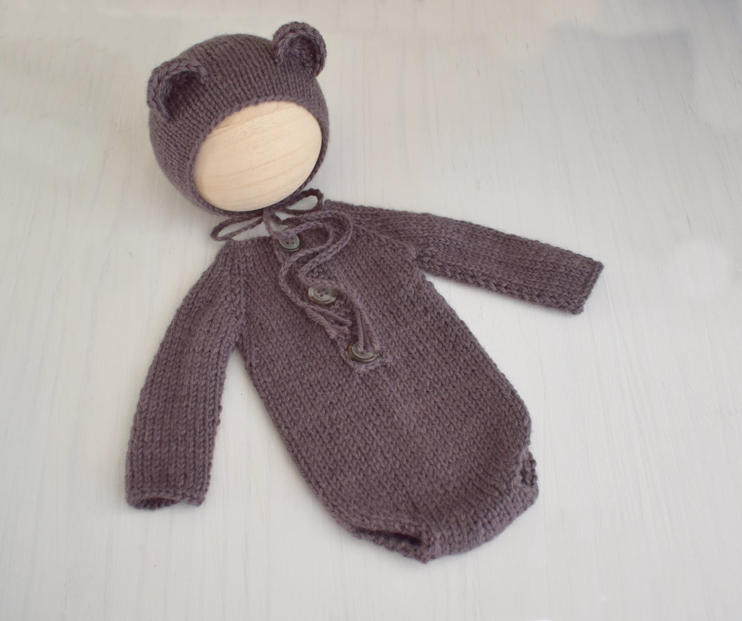 Image of Darkest Taupe Bear Bonnet & Long Sleeved Romper