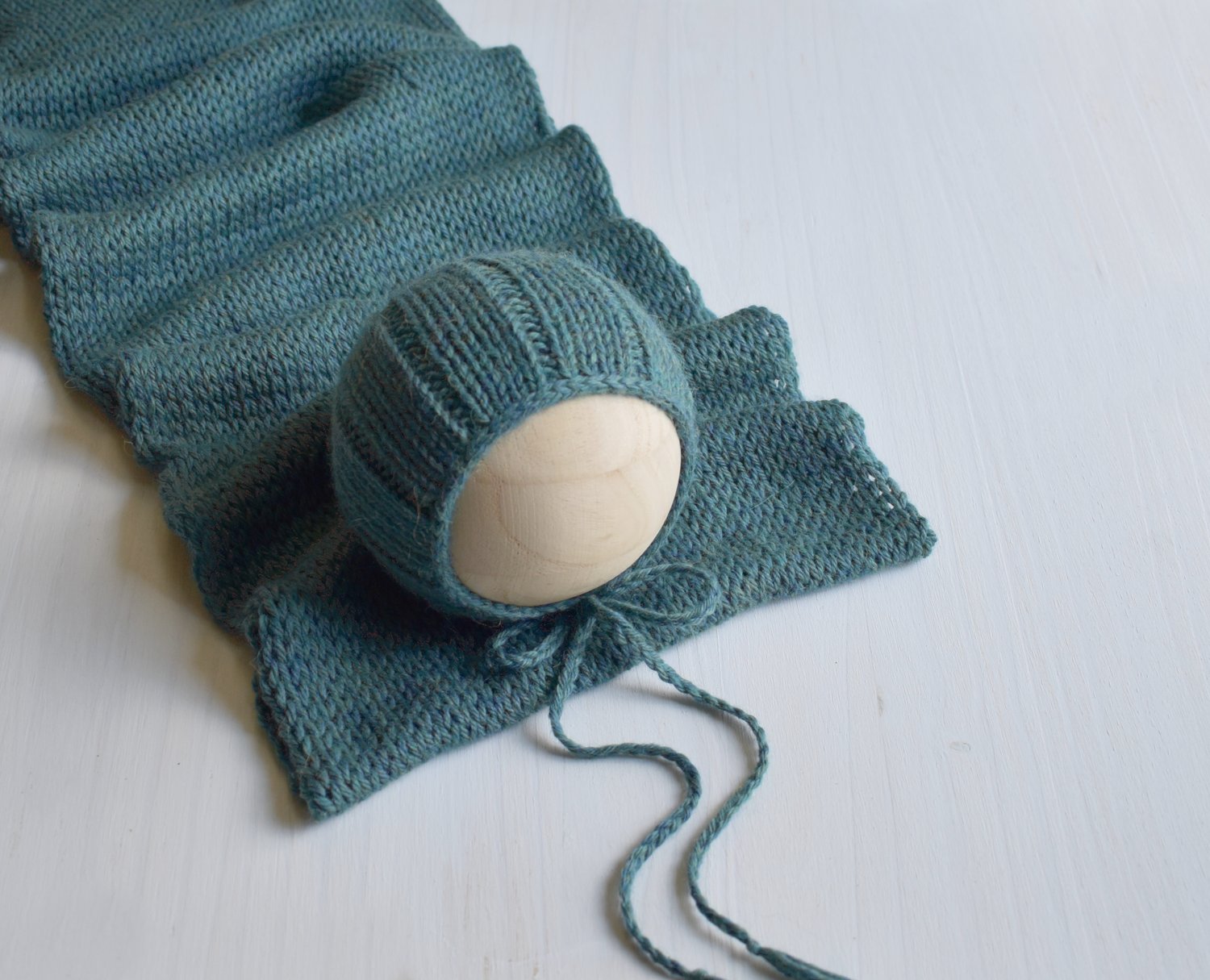 Image of Teal Knit Ribbed Bonnet & Wrap