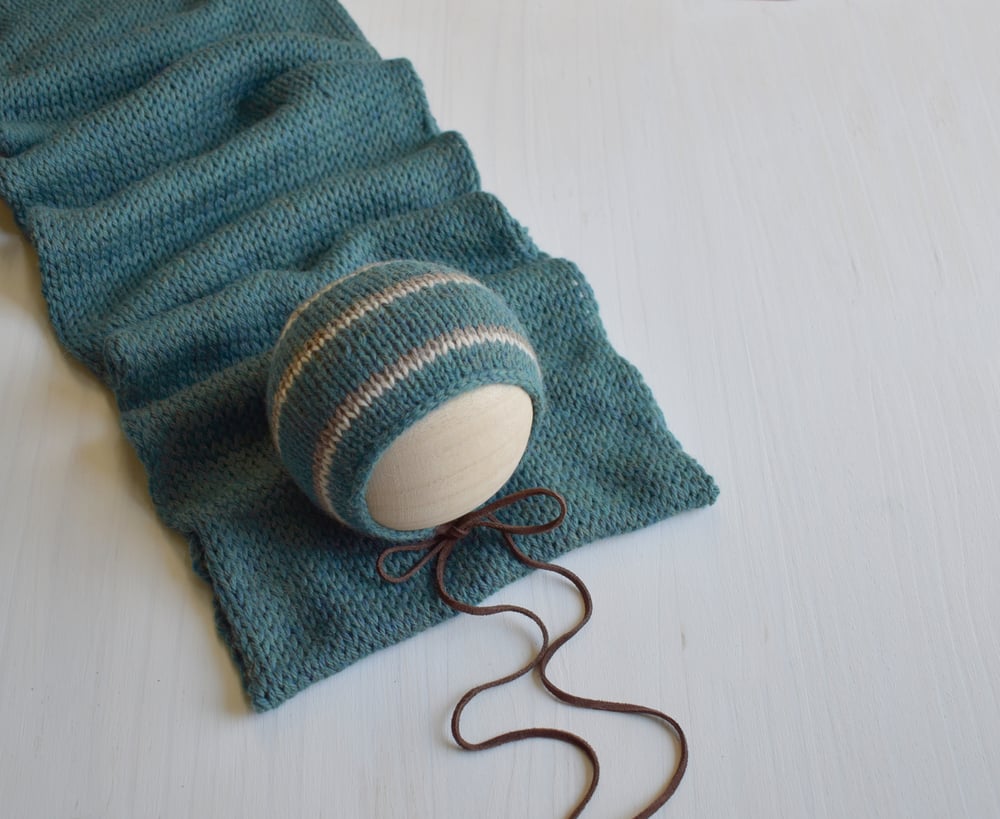 Image of Teal Striped Bonnet with Suede Ties & Wrap