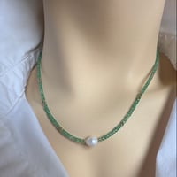 Image 2 of Emerald necklace with center pearl 15” plus 1 1/2 “ extender. #102