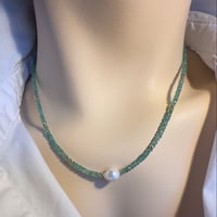Image 4 of Emerald necklace with center pearl 15” plus 1 1/2 “ extender. #102