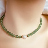 Image 3 of Green aventurine necklace baroque pearl gold filled beads and closure  14” 2” extender # 107