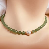 Image 4 of Green aventurine necklace baroque pearl gold filled beads and closure  14” 2” extender # 107