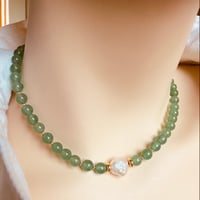 Image 5 of Green aventurine necklace baroque pearl gold filled beads and closure  14” 2” extender # 107