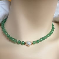 Image 2 of Green aventurine necklace baroque pearl gold filled beads and closure  14” 2” extender # 107