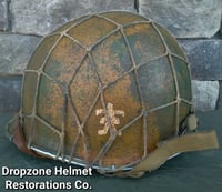 Image 2 of WWII M2 Dbale 509th PIB Front Seam Helmet and Replica Airborne Hawley rayon liner.