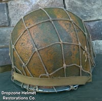 Image 8 of WWII M2 Dbale 509th PIB Front Seam Helmet and Replica Airborne Hawley rayon liner.