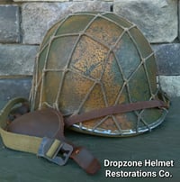 Image 7 of WWII M2 Dbale 509th PIB Front Seam Helmet and Replica Airborne Hawley rayon liner.