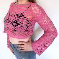 Image 1 of Lacy Cropped Flower Sweater in Pink, Size M/L