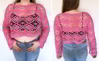 Image 2 of Lacy Cropped Flower Sweater in Pink, Size M/L
