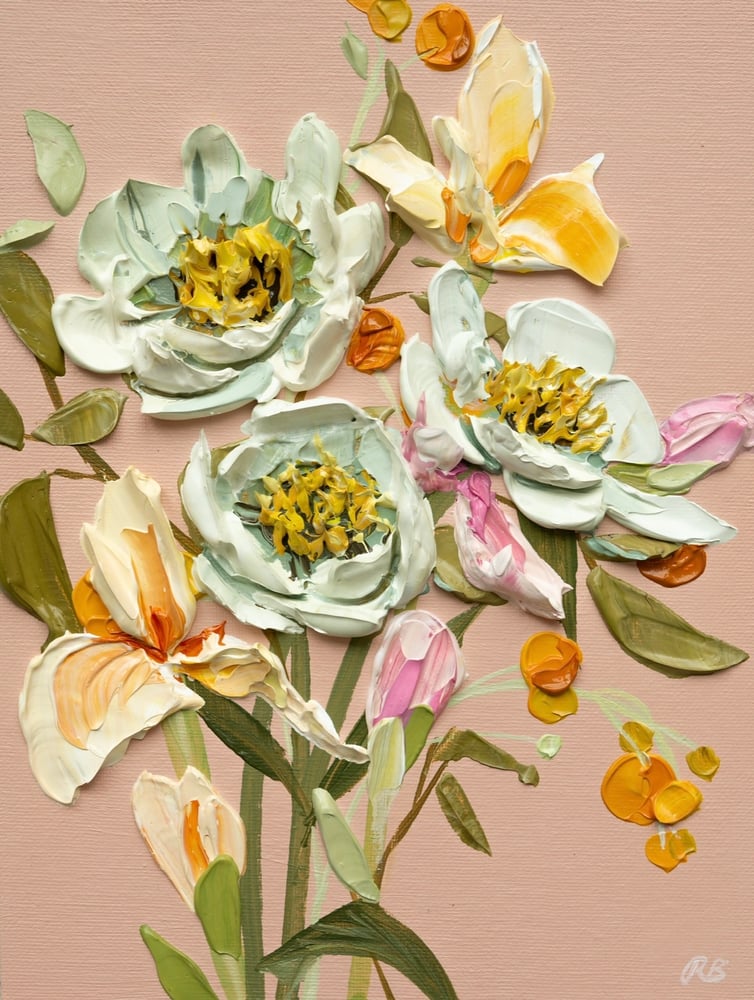 Image of PEONIES AND IRISES ON TERRACOTTA- GICLÉE PRINT