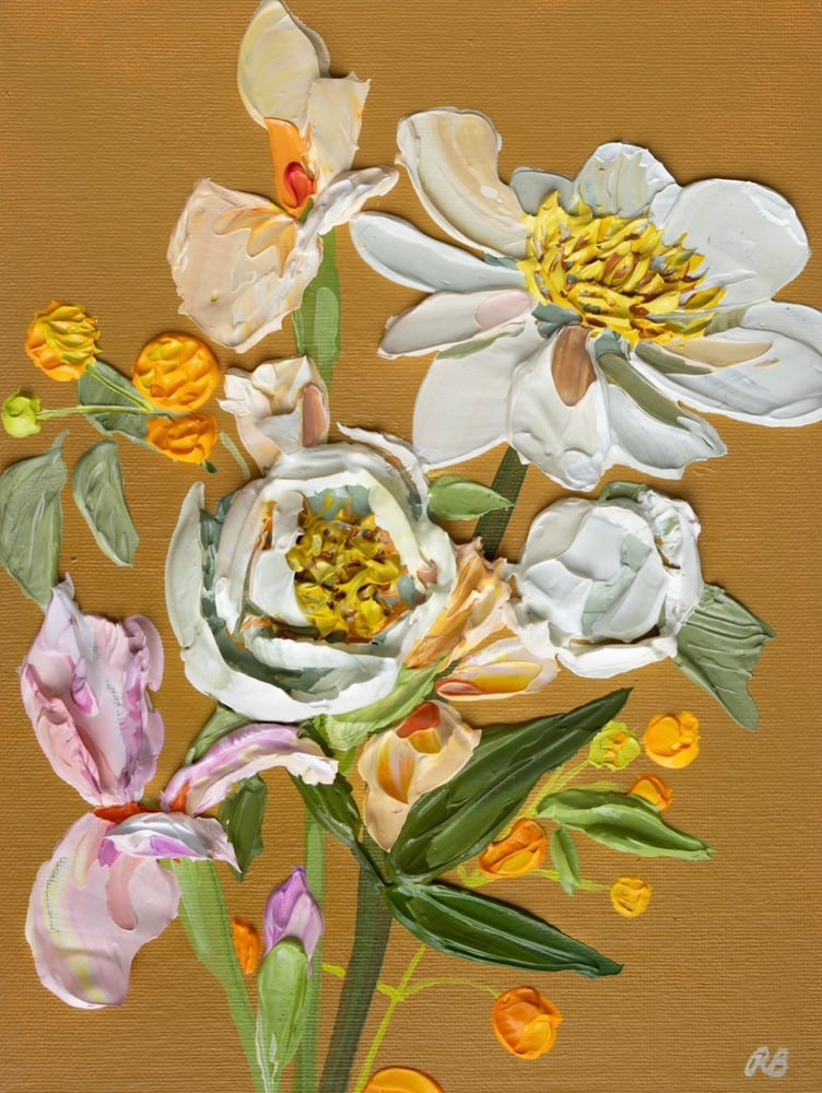 Image of PEONIES AND IRISES ON TAN - GICLÉE PRINT