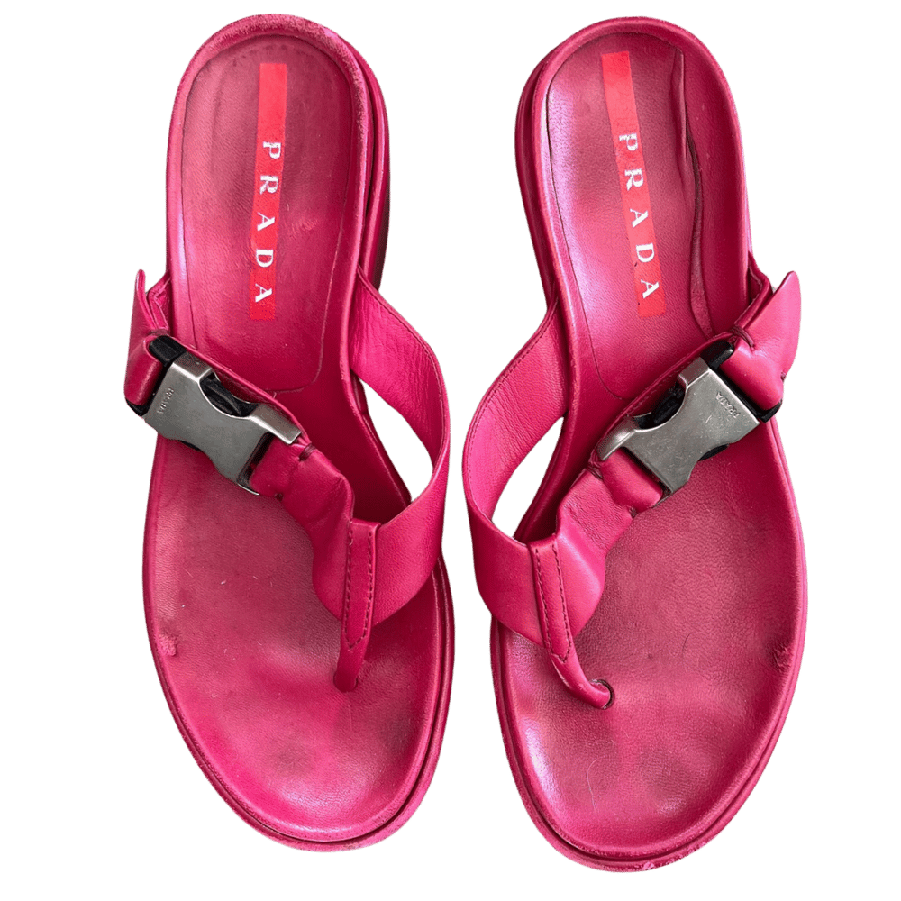Image of PRADA BUCKLE PLATFORM WEDGE SANDALS