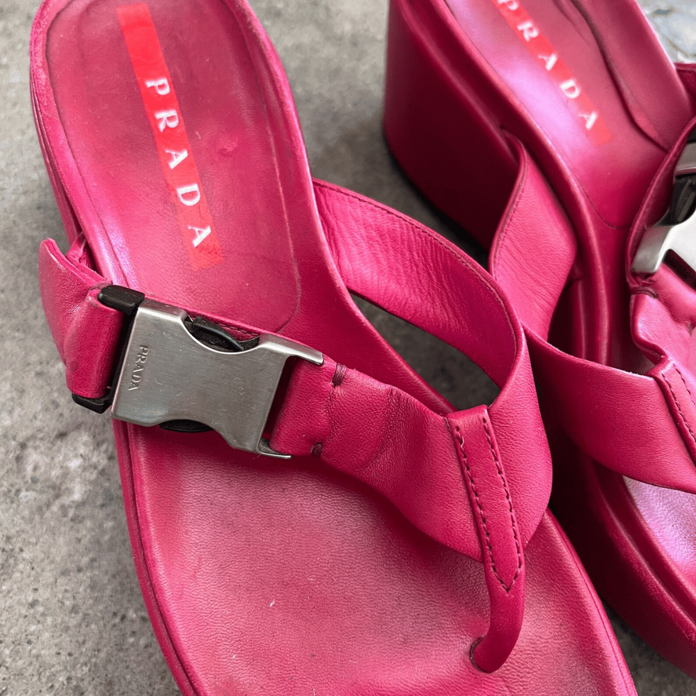 Image of PRADA BUCKLE PLATFORM WEDGE SANDALS