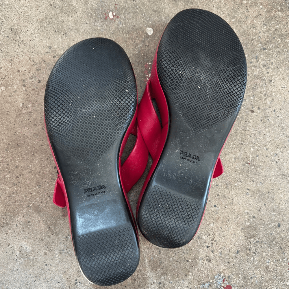 Image of PRADA BUCKLE PLATFORM WEDGE SANDALS