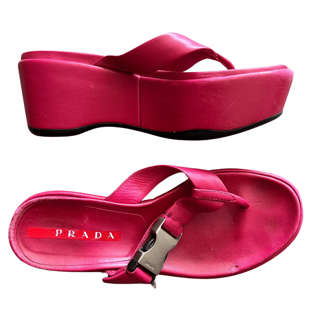 Image of PRADA BUCKLE PLATFORM WEDGE SANDALS