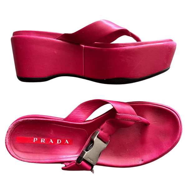 Image of PRADA BUCKLE PLATFORM WEDGE SANDALS