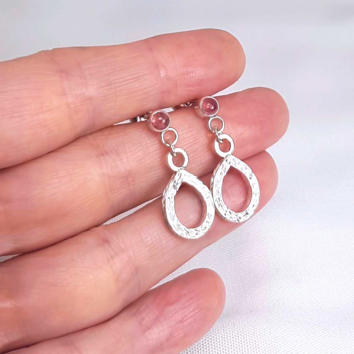 Image of Sterling Silver Pink Tourmaline Earrings, Handmade Solid Silver Teardrop Earrings