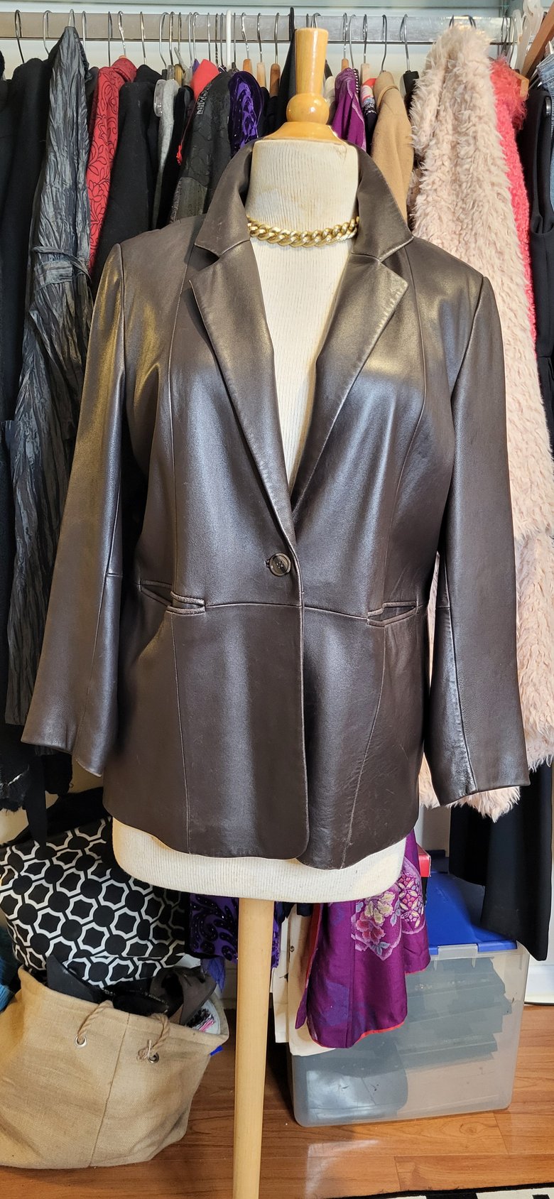 Image of Timeless and Chic Brown Genuine Leather Blazer Jacket by Denim & Co.