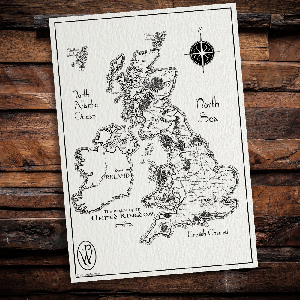 The Realm of the United Kingdom Tolkien style map A4 Lord of the Rings 