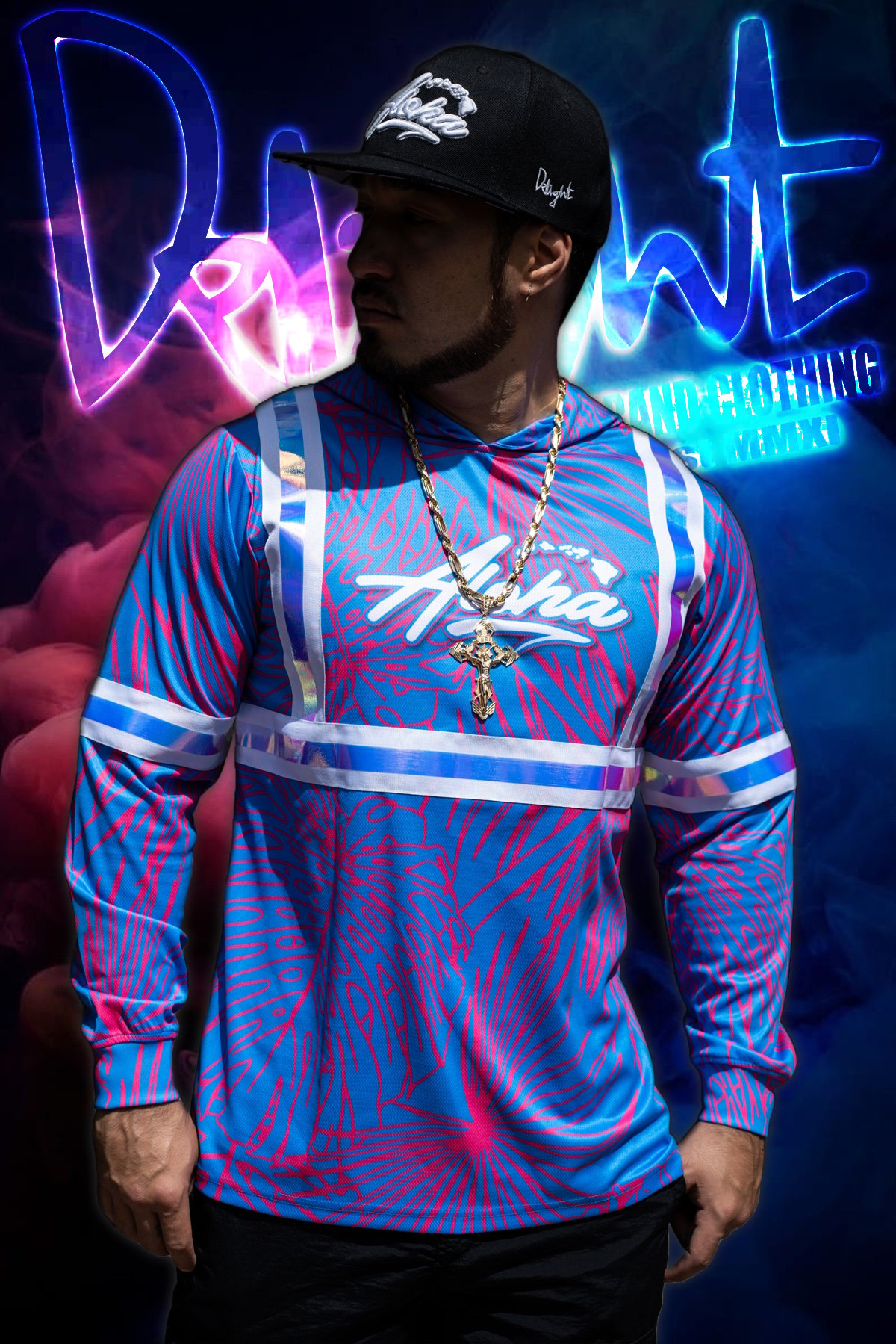 Hooded Longsleeve - Aloha Islands Blue/Pink Tropix High Viz.