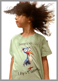 Image 3 of Sideways Tee - Kids Youth Teen Girls and Boys Green and Blue Silly Quirky Oddball Bird T-shirt 