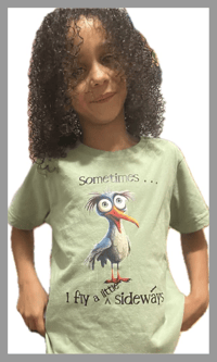 Image 2 of Sideways Tee - Kids Youth Teen Girls and Boys Green and Blue Silly Quirky Oddball Bird T-shirt 