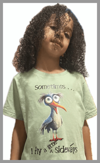 Image 1 of Sideways Tee - Kids Youth Teen Girls and Boys Green and Blue Silly Quirky Oddball Bird T-shirt 