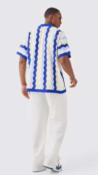 Image 2 of OVERSIZED BOXY REVERE OPEN KNIT STRIPE SHIRT IN BLUE