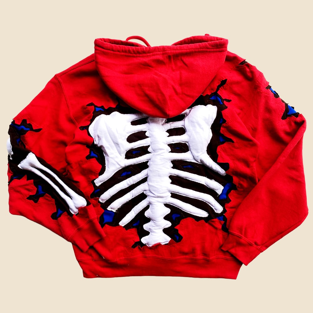 REWORKED CRACKED 3D PUFF SKELETON RED BROWN BLUE ZIPHOODIE SIZE M