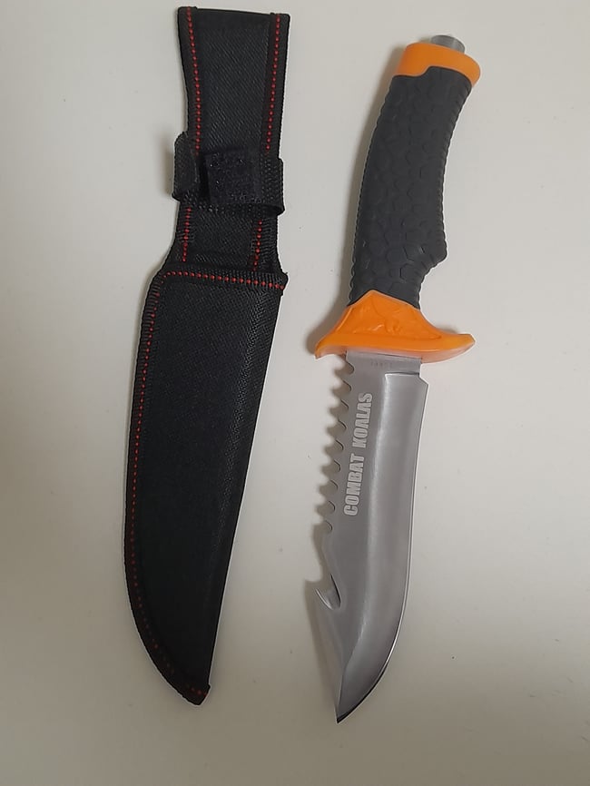 Survival Fixed Knife with Saw Rope Cutter Glass Breaker Non-Slip Handle Camping Black Nylon Sheath