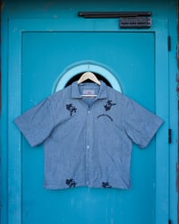Image 3 of Raw linen palm shirt - sea blue