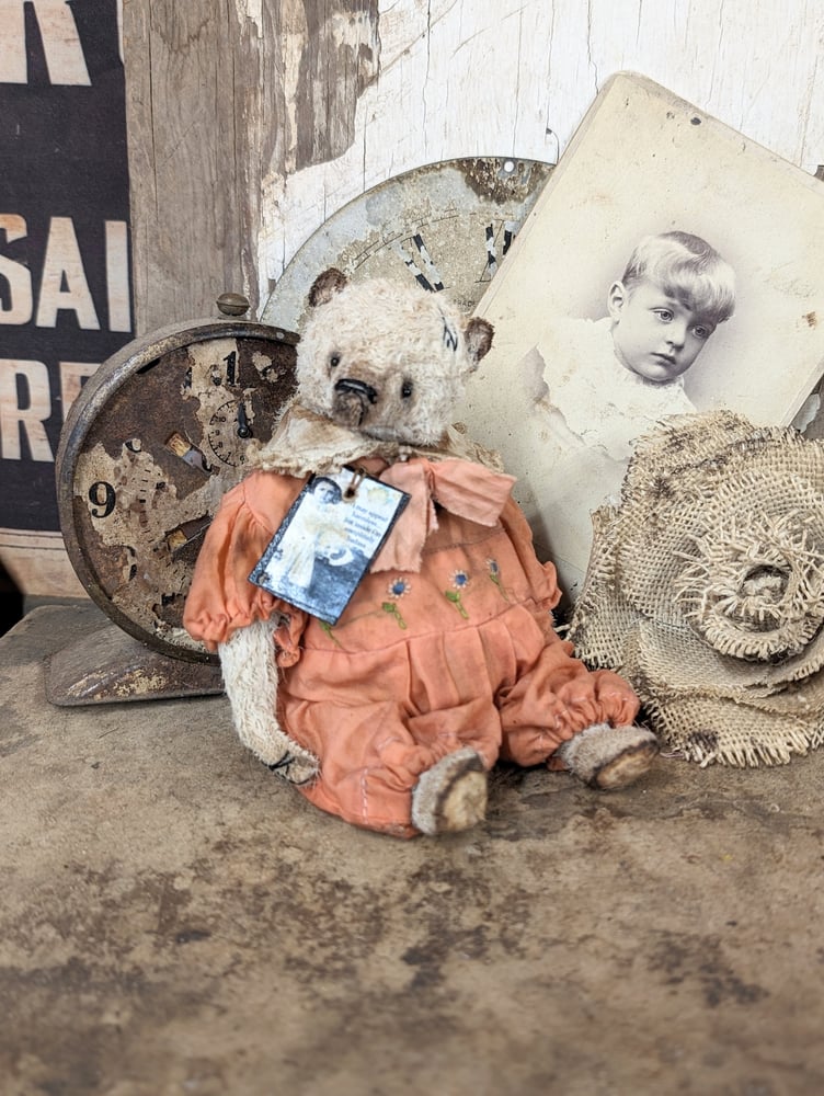 Image of 7" size Vintage Shabby Style teddy bear in vintage dolly dress romper by Whendi's Bears