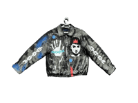 Image 1 of Custom Made hand painted Y2K Hanzi hand chain skull multi color 100% leather bomber jacket