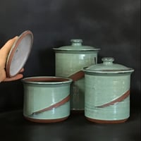 Image 3 of Large Handmade Copper Green Stoneware Canister Set by Bruen Pottery