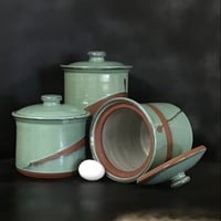 Image 4 of Large Handmade Copper Green Stoneware Canister Set by Bruen Pottery