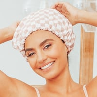 Image 1 of Satin Lined Flexi Shower Cap - Terracotta Checker