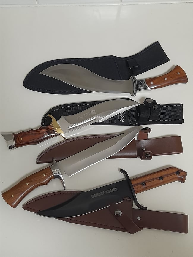 SET 4 Knives - Kukri Heavy Duty Hunting Knife , 3 Bowie Knives with Leather and Nylon Sheath