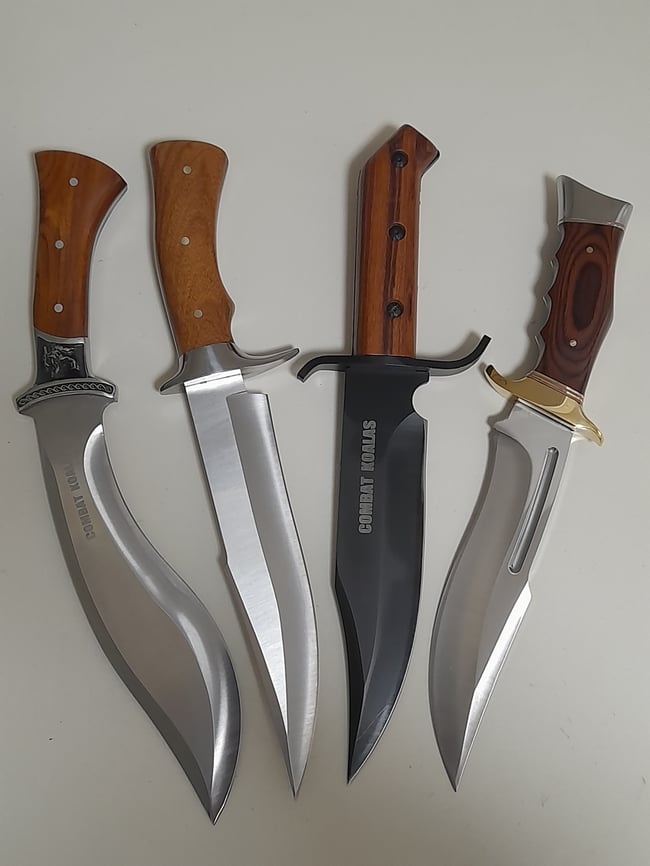SET 4 Knives - Kukri Heavy Duty Hunting Knife , 3 Bowie Knives with Leather and Nylon Sheath