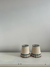 Image 4 of "The Edmund Brothers" - Matching Pair of Hand Painted Linen Lampshades, Candle-clip