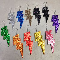 Image 1 of Colourful Party Glitter Leather Lightning Bolt (Glam Rock Fancy Dress Earrings) Flash