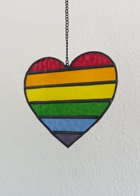 Image 1 of PRIDE Rainbow Striped Heart Stained Glass Suncatcher