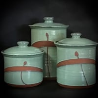 Image 1 of Large Handmade Copper Green Stoneware Canister Set by Bruen Pottery