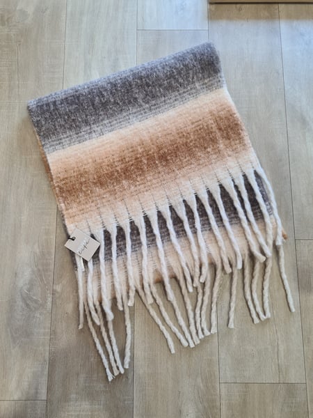 Image of Jude Scarf. Choc and Grey stripe. By Holiday Trading co.