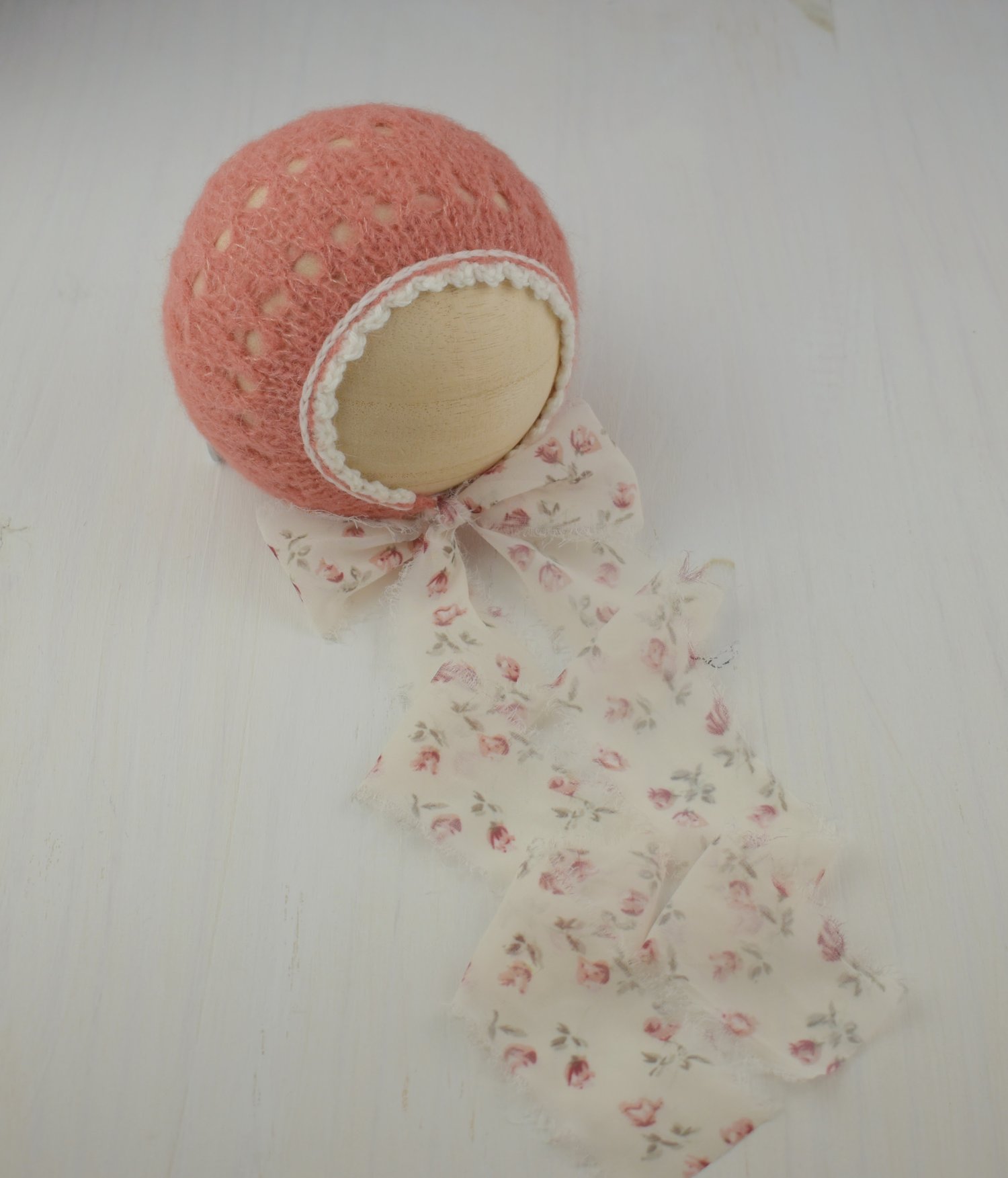 Image of Terra Cotta Scalloped Bonnet with Floral Ribbon Ties & Wrap