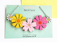 Flower necklace, hand painted colourful lasercut wooden statement necklace