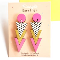 Triangle dangle earrings, triangle handpainted wooden glitter dangle earrings